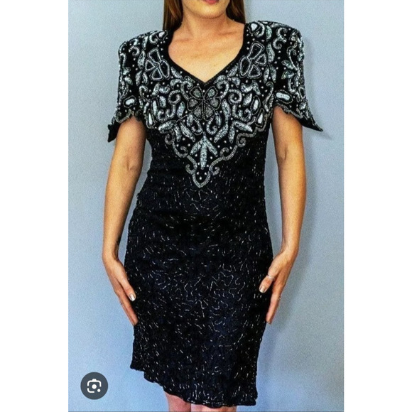 VTG Laurence Kazar Beaded Silk Formal Dress L Embellished Sequin MOB 80s Black - Picture 2 of 16
